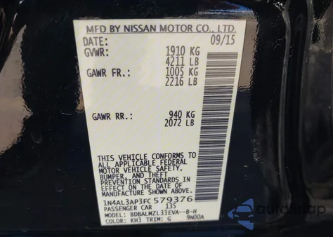 2015 Nissan Altima 2.5 Sv z USA, uszkodzony, nr VIN 1N4AL3AP3FC579376